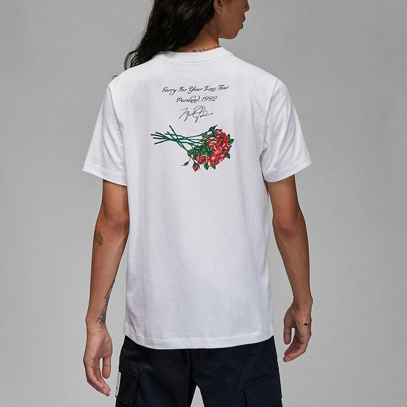Jordan Hand-Painted Rose Letter Print Crew Neck Short Sleeve T-Shirt Men Tops White DQ7391-100