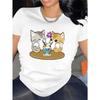 European Sizes Cat Pattern Casual Short Sleeve T-Shirt for Women  Crew Neck, Regular Fit, All Seasons, No Belt