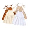 Girls' Summer Solid Color Cotton-Linen Dress With 2 Side Pockets And Tie Straps Children'S Strap Dress