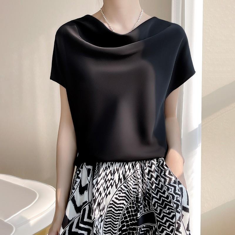 Women's Fashion Casual Satin Pile Neck Short Sleeve Top