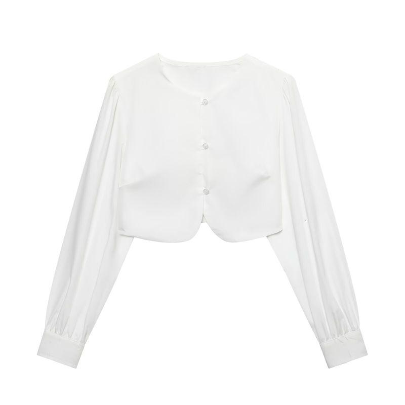 Za New Fall Women's Clothing 2025 Fashion Style French Style Design round Neck Long Sleeves Short Curved Hem Shirt