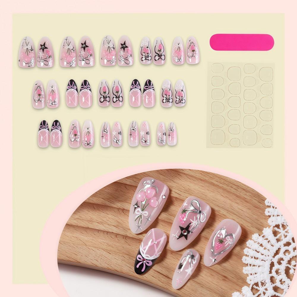 

30 Tablets/Box Almond-shaped Press-on Nails Bow Design Artificial Nail Tips Women and Girls 30 Tablets/Box