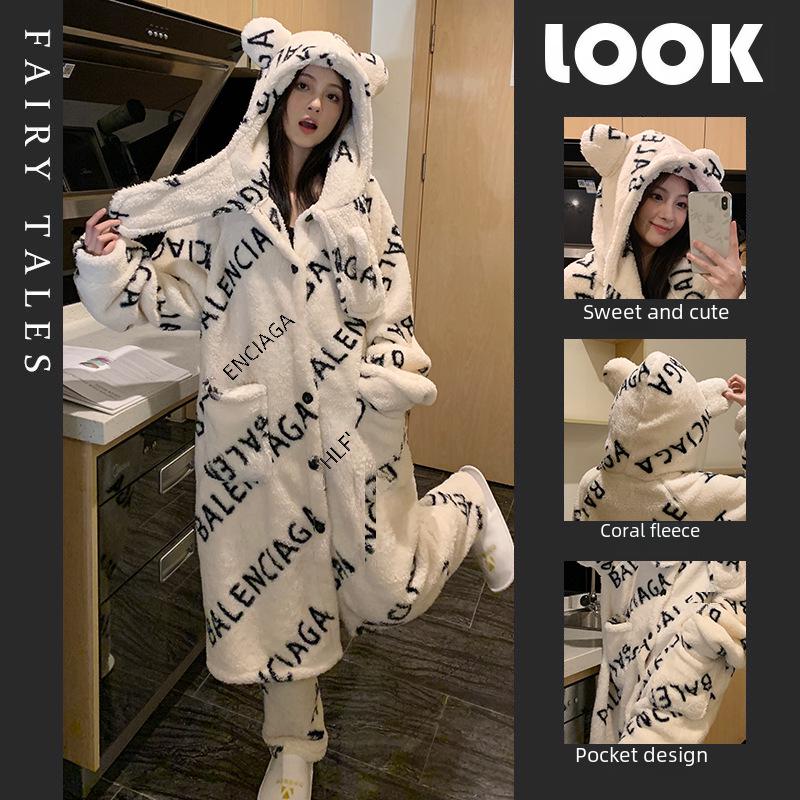 Women's Winter Leopard Print Fleece Pajama Set with Hooded Nightgown and Pants