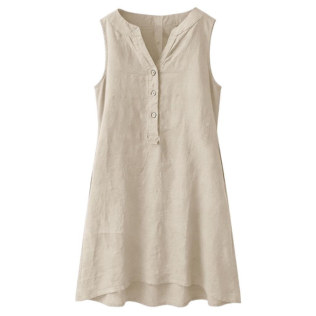 Women Sleeveless Loose Fit Dress V Neck Button Front Casual Summer Dress Lightweight Comfortable Fabric A Line Mini Dress