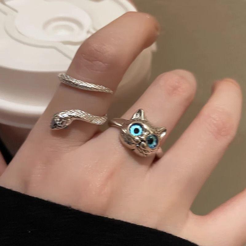 Vivid Cute Silver Color Cat Snake Open Rings For Women Girls Adjustable Finger Ring Gothic Cool Animal Jewelry Gifts