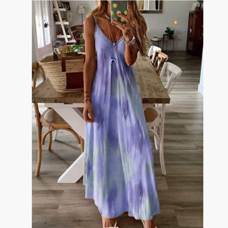 Abito Primavera Estate Donna Stampa Floreale Verde Scollo a V Lungo Vestito Rilassato Bohemien Senza Maniche Abito da Festa in Spiaggia Donna