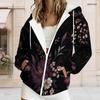 Women Plus Size Black Floral Print Zip Up Long Sleeve Drawstring Hoodie With Pockets
