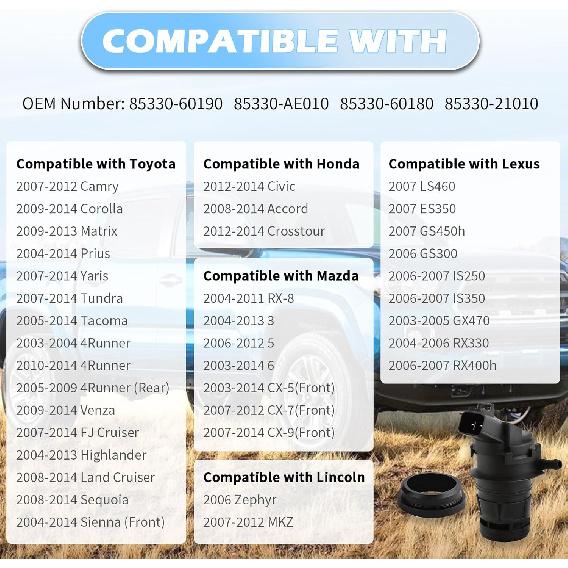 Scheibenwaschpumpe mit Dichtung, Standard-Scheibenwaschflüssigkeitspumpe OEM-Nr. 85330-60190, 85330-AE010, 85330-60180, Kompatible Scheibenwischerpumpen