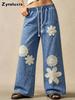 Jeans larghi casual bohémien da donna per l'autunno, Resort, floreali, vestibilità ampia, pantaloni lunghi