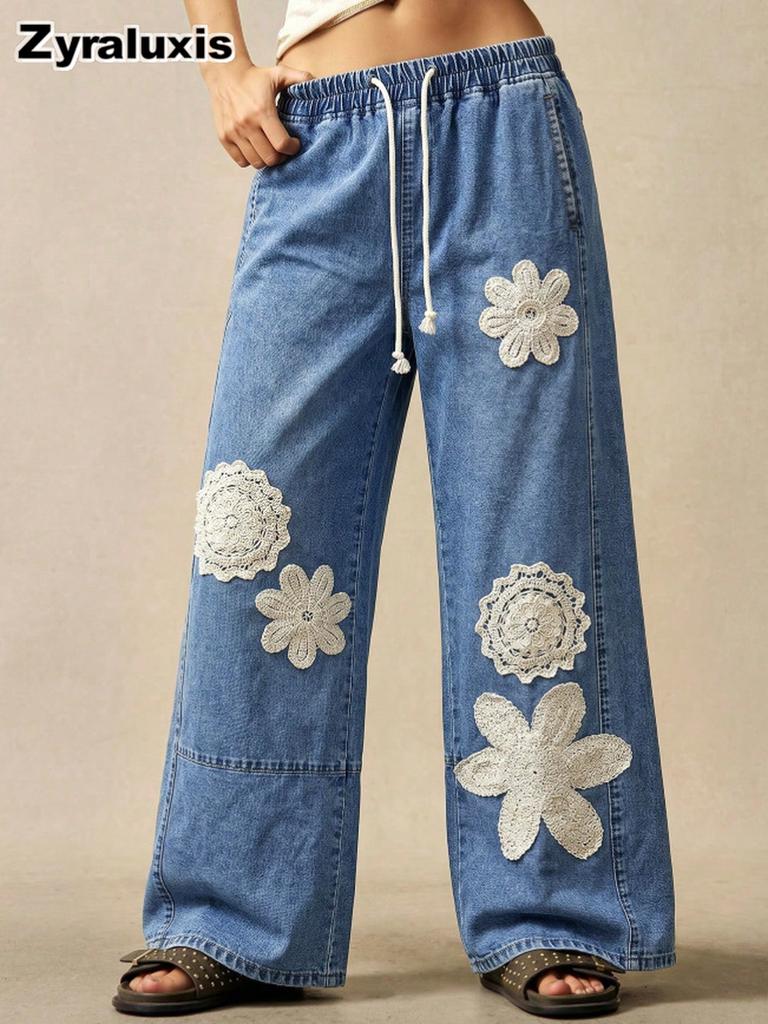 Jeans larghi casual bohémien da donna per l'autunno, Resort, floreali, vestibilità ampia, pantaloni lunghi