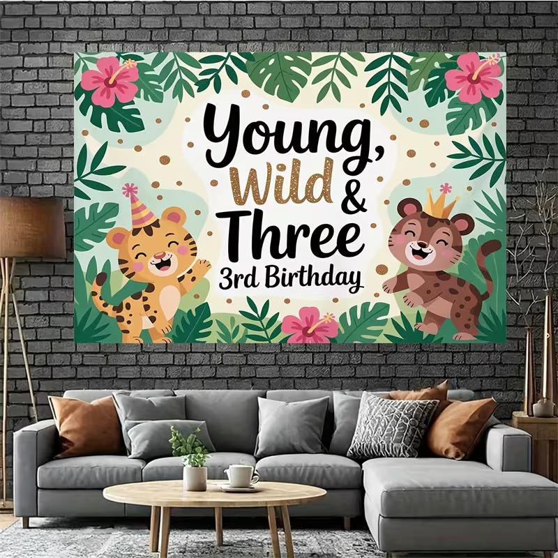 2D Young Wild & Three 3rd Birthday Backdrop Jungle Tiger Safari Photography Background Cloth