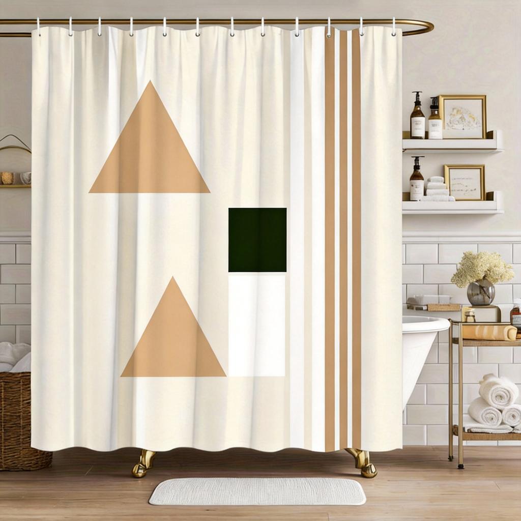 Geometric Shower Curtain Abstract Circles And Stripes Design Polyester Bath Curtain With Hooks For Modern Dec