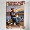 Vintage Hunting Poster Metal Tin Sign - Old Man Duck Caller On Dock, Nature Scene Decor for Man Cave, Bar, Cafe Wall Art