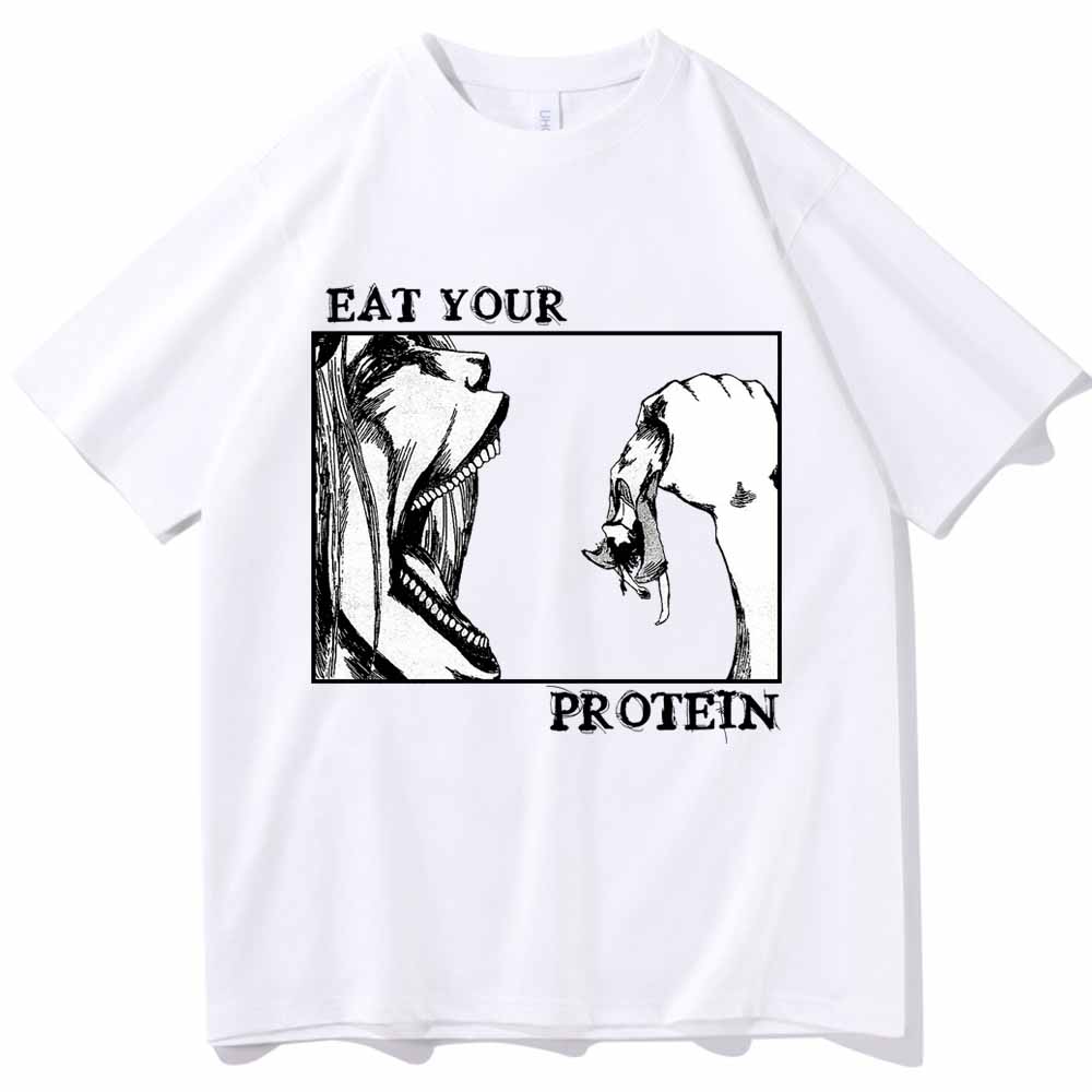 Attack On Titan TShirts Eat Your Protein Shirt Unisex Unisex Summer Casual ONeck Short Sleeve Shirts