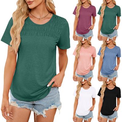 Bluzki damskie Wiosna i Lato Nowe Jednolity Kolor Okrągły Dekolt Luźny Krótki Rękaw T-shirt Plisowane Bluzki Odzież Damska