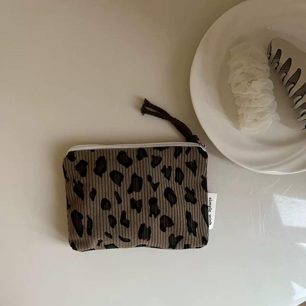 Vintage Leopard Print Mini Corduroy Bag Unisex Portable Travel Storage Pouch for Coin Key Earphone Lipstick Sanitary Pad