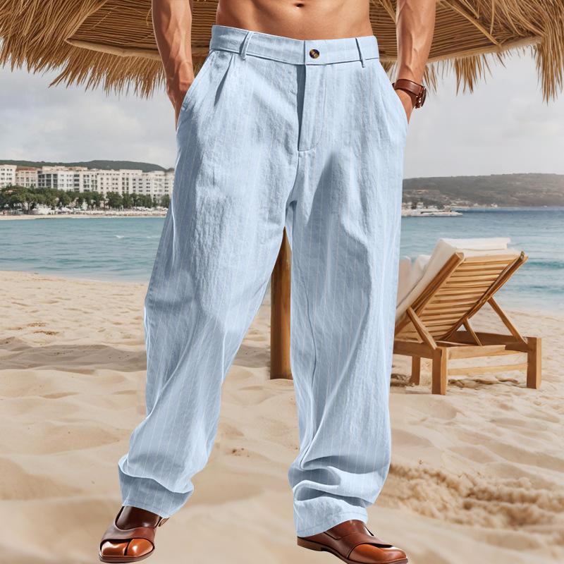 Pantaloni Casual da Uomo in Cotone e Lino Larghi Freschi a Strisce Lunghi da Spiaggia con Zip Vestibilità Larga Streetwear Moda Pantaloni Leggeri