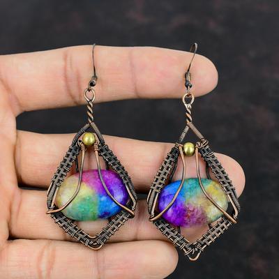 Rainbow Solar Quartz Druzy Earring Copper Wire Wrapped Jewelry Handmade Earring Copper Wire Wrap Earrings Gemstone Earring Anniversary Gifts