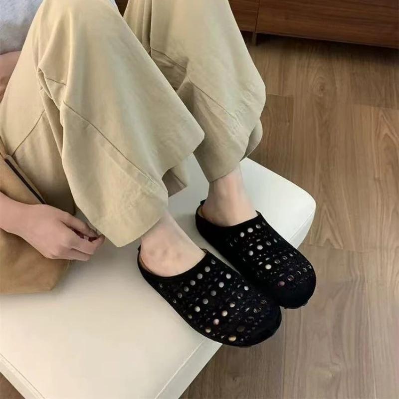 Women's Fashion Round Head Deep Mouth Cow Suede Hollow Breathable Soft Sole Anti-slip Wear-resistant Flat Slippers