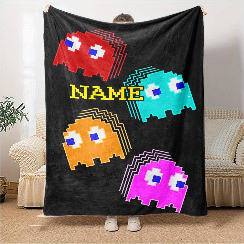 Custom Name Pac-Man Theme Printed Blanket - Perfect for Couch, Bed, Travel & Outdoor Use | Machine Washable, Cozy & Durable.