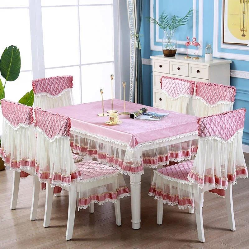 Velvet Lace Hem Table Cloth Dining Chair Cover Set Household Chair Pad Banquet Home Decor Dining Table Rectangular Tablecloth
