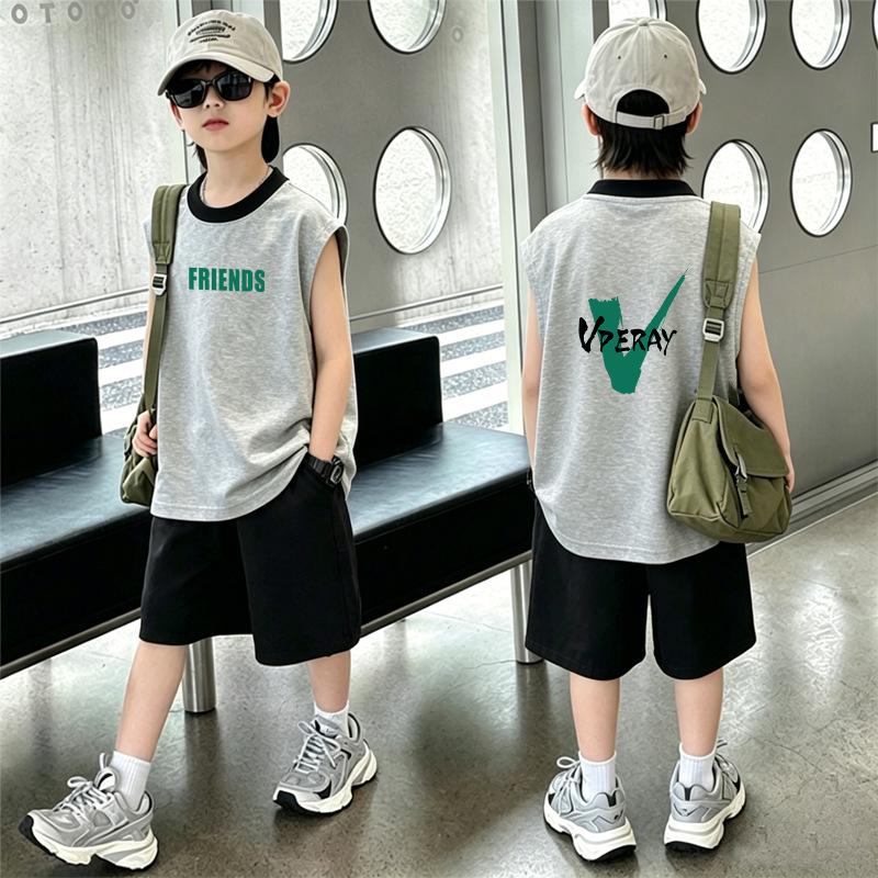 Handsome Boys' Cotton Color Block Vest & Shorts Set - Summer Sleeveless T-shirt 2-Piece for Kids