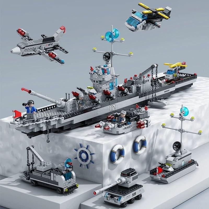 Set de construcción de portaaviones militar para niños juguete educativo de bloques de montaje