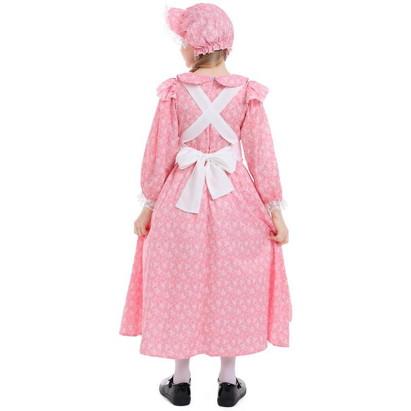 Halloween Floral Farm Dress Girls Long Sleeve Medieval Maid Costume Outfit