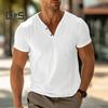Męski T-shirt z kołnierzykiem henley z krótkim rękawem w jednolitym kolorze, letni, bawełniana mieszanka, casualowy top do noszenia na co dzień, na plażę, w podróży