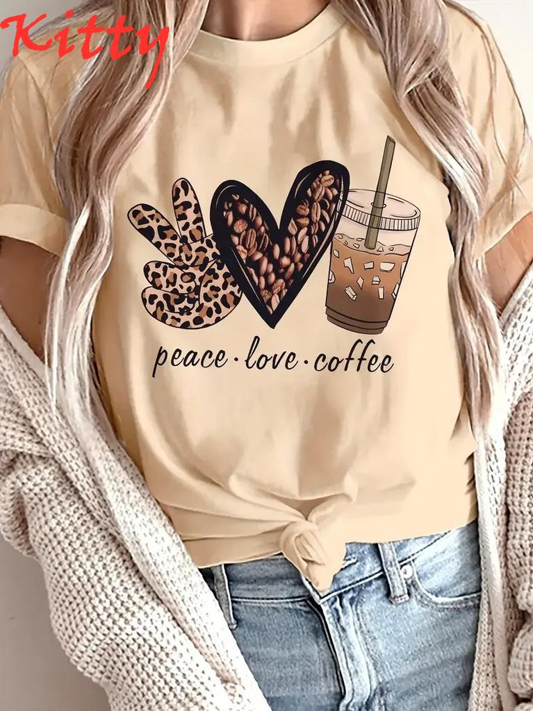 Peace Love Coffee Graphic Print Casual Short Sleeve Unisex Tshirt With Leopard Heart Iced Coffee Design Oneck Unisexs Clothing