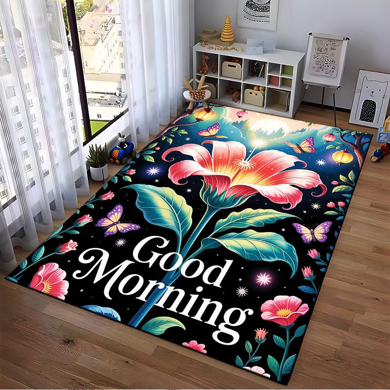 Floral Carpet with "Good Morning" Text, Butterflies and Starry Design Suitable for use as an anti-slip for living room bedroom sofas