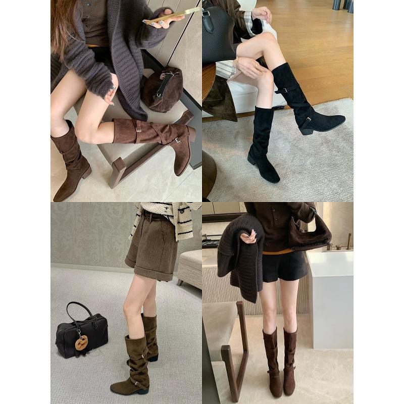 Sheepskin version~ 7cm heightening stack medium boots women's tip round head cross strap retro thick heel long boots knight boots