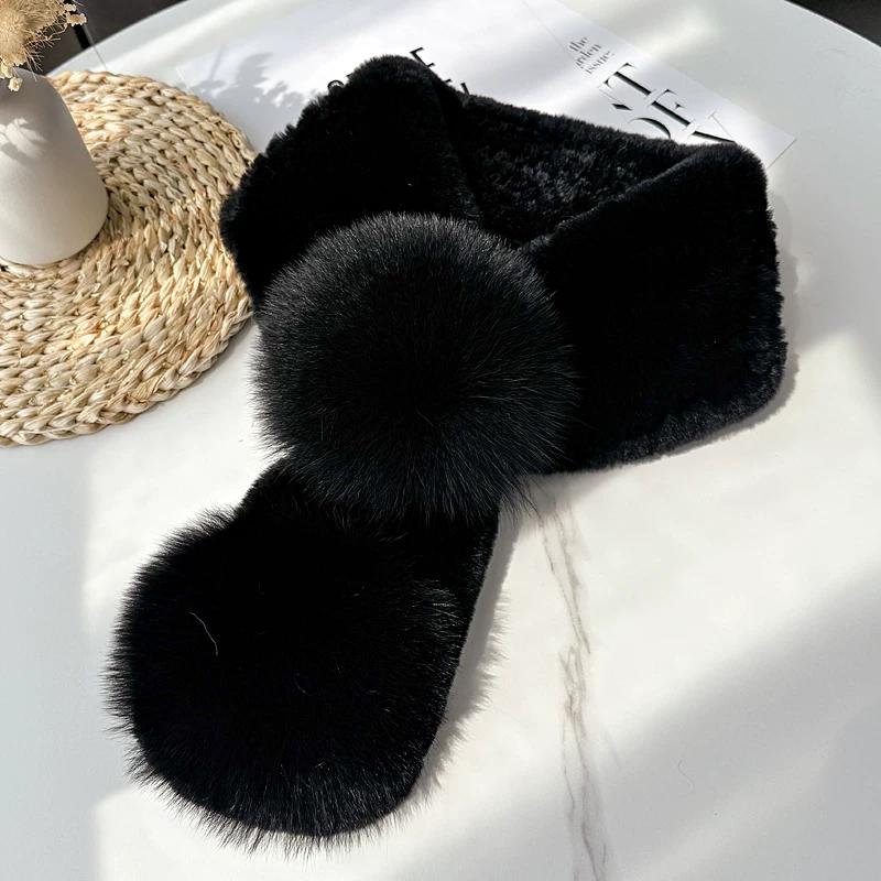 Winter Korean Version Double-sided Rex Rabbit Hair Woven Fur Scarf Fox Hair Real Hair Cute Mao Mao Scarf Warm and Fashionable чёрный