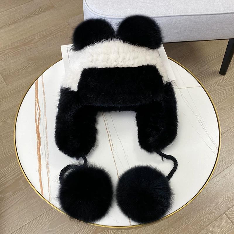 Winter New Warm Mink Hair Woven Lei Feng Hat Female Ear Protector Mink Hat Cute Fox Fur Ball Fur Hat