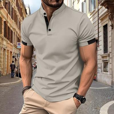 Men's Short Sleeve Colour Block Colour Standing Collar Casual Polo Shirt Button Down T-shirt Top