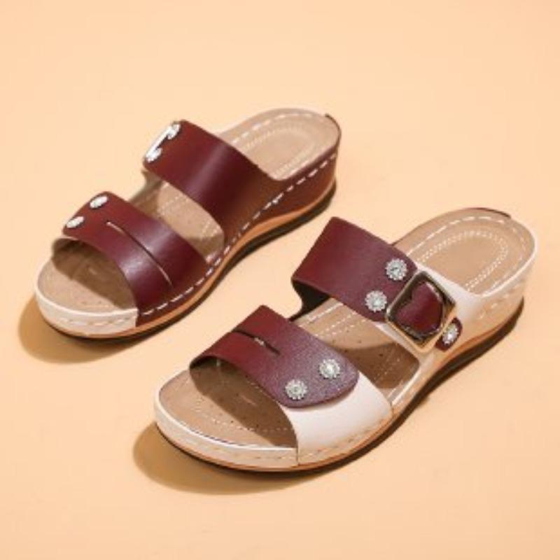 

Fashion 2025 Summer Open Toe Women s Slippers Fashion Outdoor Metal Decoration Casual New Plus Size Best Seller Flat Slippers Zapatos 36 вино красного