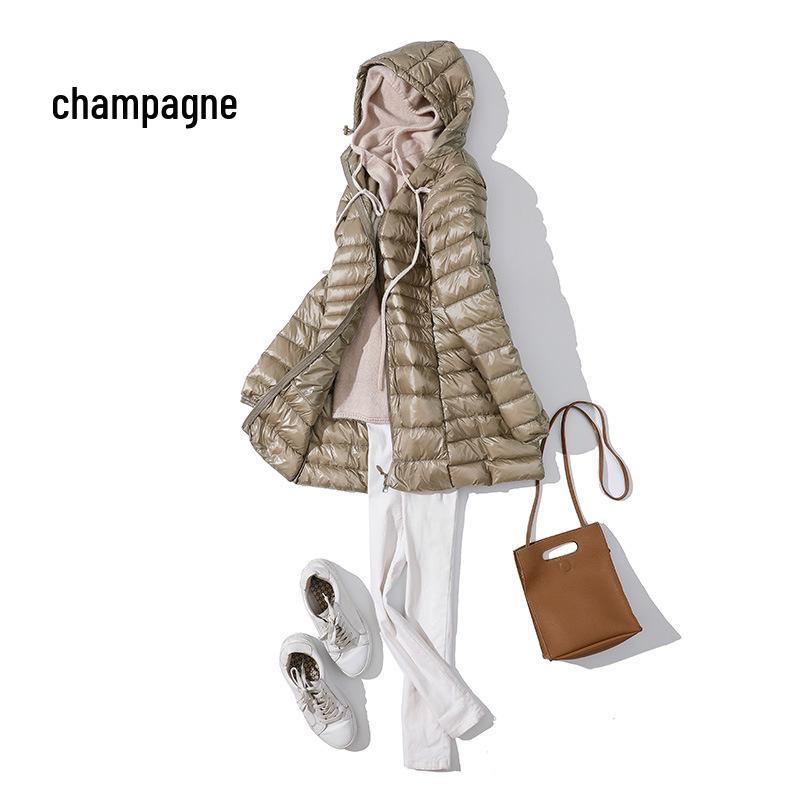Women's Mid-Length Lightweight Hooded Down Jacket - 2025 Autumn/Winter Slim Fit Plus Size Outerwear