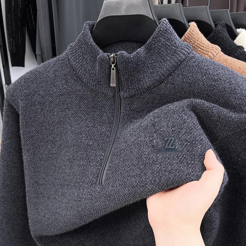 Winter Men's Half Height Zipper Knitted Sweater Original Design Letter Print Thicken Fashion Warm Casual Soft Menswear
