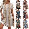 Women's Short Sleeve Floral Print Dress Casual Round Neck Waist Tie Pocket Summer Loose Fit Mini Dress