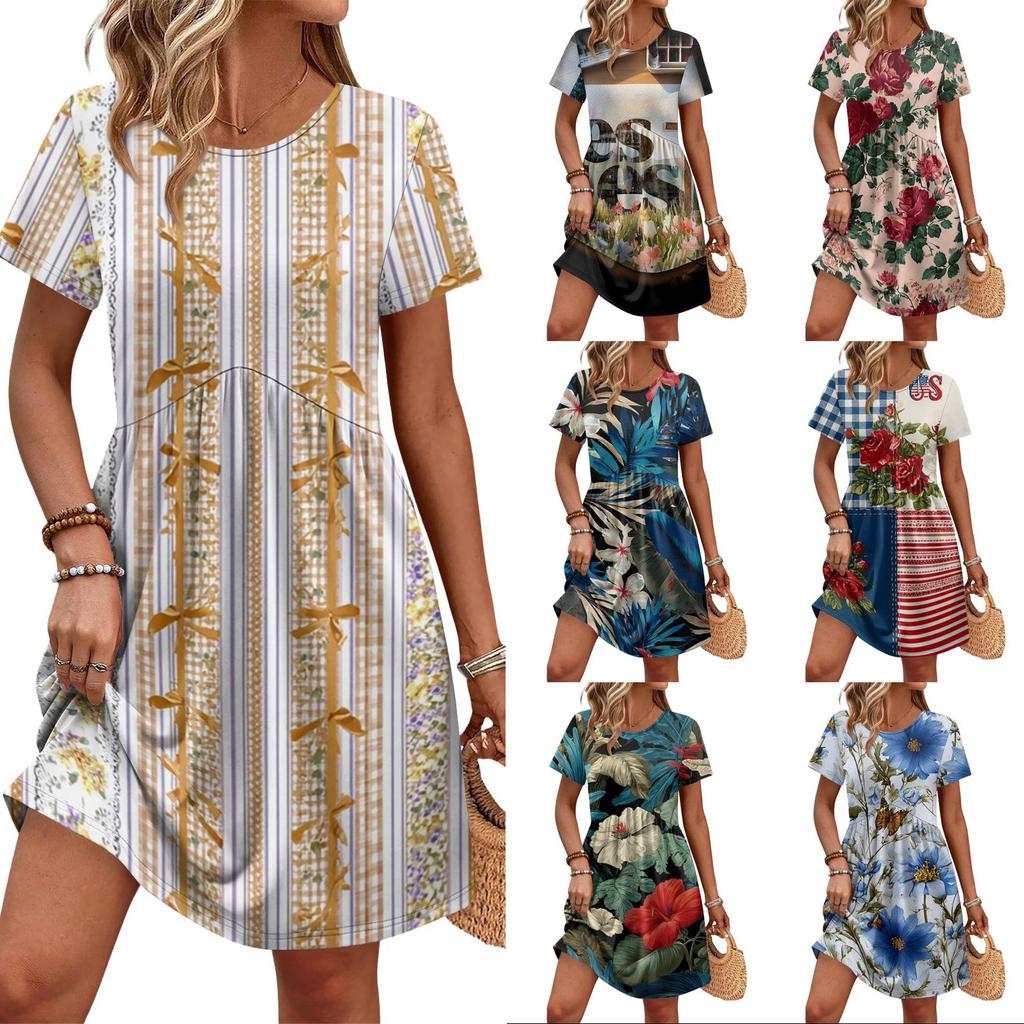 Women's Short Sleeve Floral Print Dress Casual Round Neck Waist Tie Pocket Summer Loose Fit Mini Dress