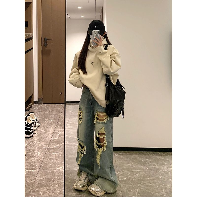 

Американский ретро больших размеров, вываренный, с высокой талией, с дырками, женский, весна-лето, вайб высокой улицы, прямые, свободные широкие брюки Wash blue extension 4XL