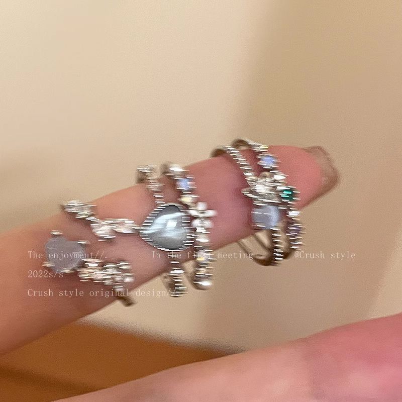Sea blue love moonlight zircon open ring women's light luxury niche design sense index finger ring temperament adjustable ring