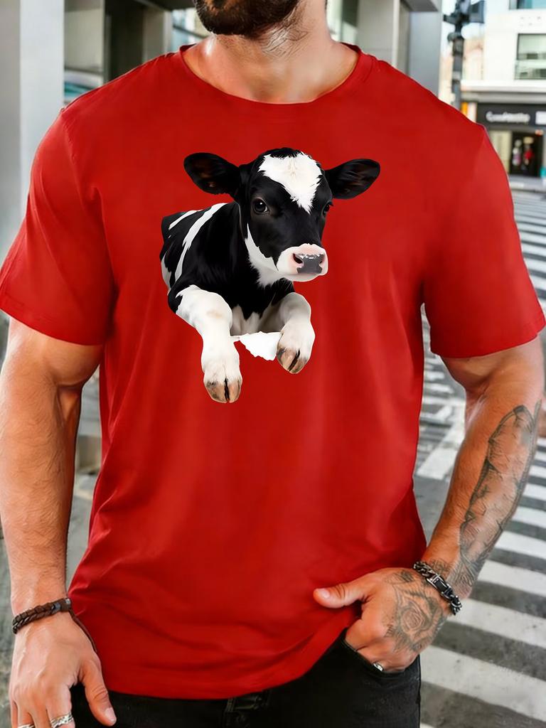 Cute Hole Breaking Holstein Calf Graphic Unisexs Cotton Crew Neck Tee Short Sleeve Loose Farm Casual Daily Street Male Top
