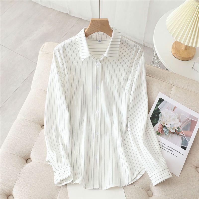 

Жіноча універсальна біла сорочка поло в смужку - Корейський стиль, Вільний крій, З довгим рукавом для весни та осені S (40-48kg)