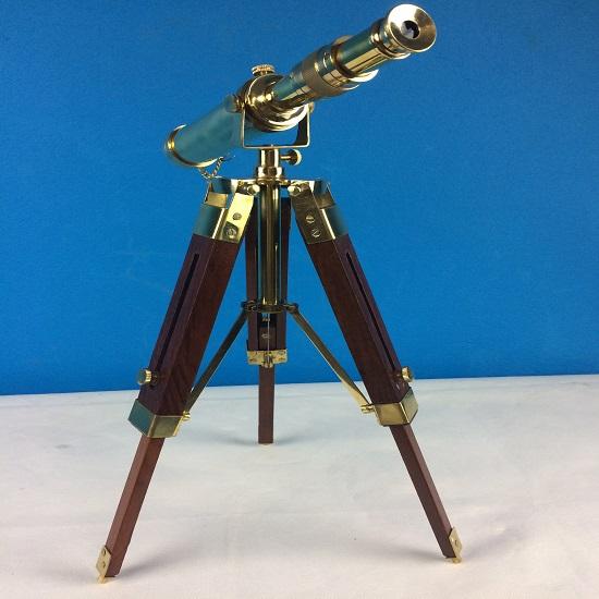 Handmade Traditional Telescope Brass Height 30 Cm with Wooden Stand Lens Lid Modern