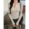 Damen Sexy V-Ausschnitt Knopf Langarm Schlankes T-Shirt