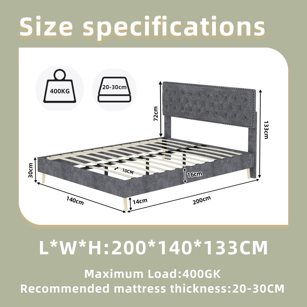 Modern minimalist soft bed, 140*200CM, grey, multifunctional bedroom furniture, low box bed frame without lifting rod, include140*200cm mattress.