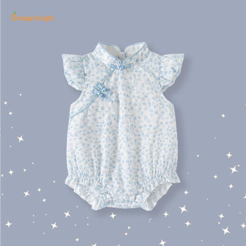 One-Month-Old Baby Girl Summer Style New Chinese-Style Elegant Blue and White Floral Short-Sleeved Cheongsam-Style One-Piece Romper Elegant Blue Floral Cheongsam Jumpsuit 66