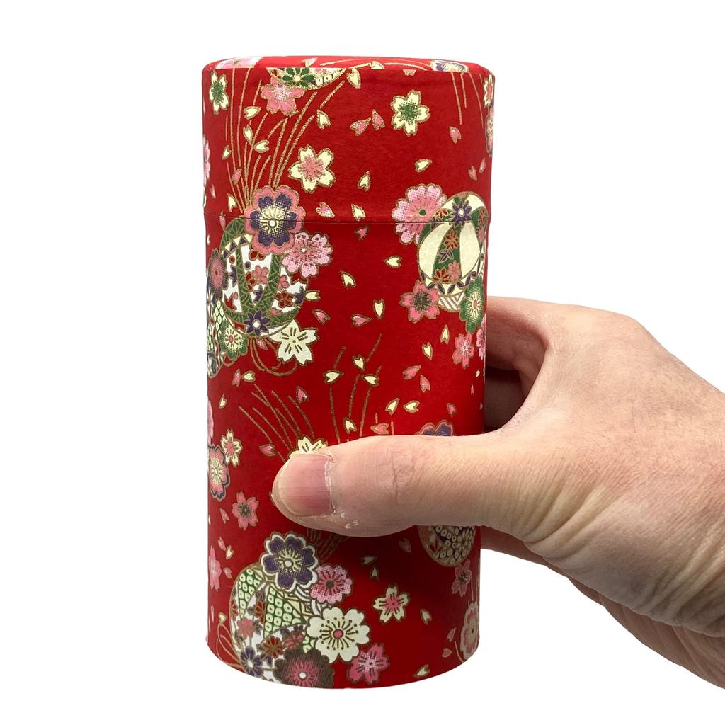 Noguchi Kumataro Tea Garden Tea Caddy, Large Capacity 200g, Yuzen Washi Paper with Inner Lid, Ball and Cherry Blossom Design, Made In Japan, Stylish