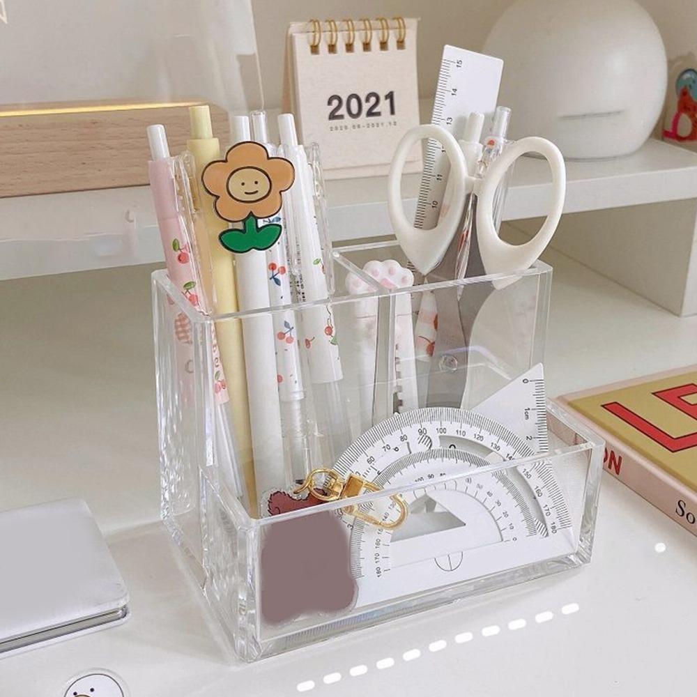 Clear Acrylic Pen Holder 3 Compartments Transparent Pen Holder Pencil Organizer Countertop Desk